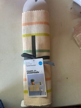 Room Essentials Cream Table Runner with Green and Orange Stripes